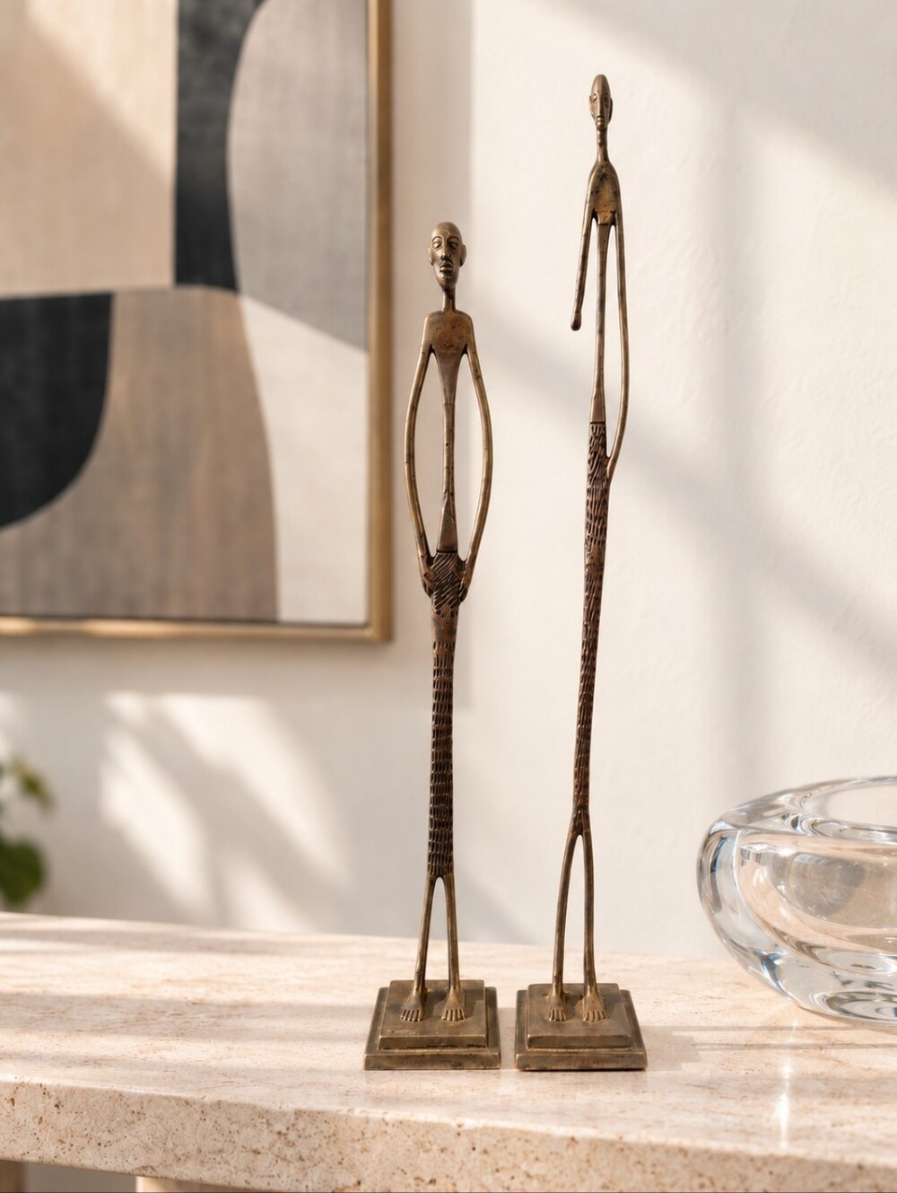 Vintage Bronze Abstract Tall Figural Sculptures Pair 20.5" India